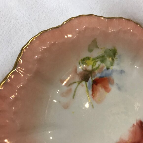 Porcelain Vintage Hand-Painted Plate Pink Poppies Flower Red & Yellow Gold Gild - Picture 4 of 8